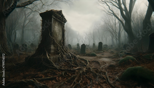 a neglected and overgrown gravesite in a gloomy forest clearing photo