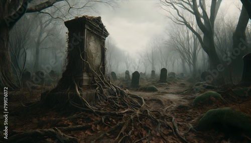 a neglected and overgrown gravesite in a gloomy forest clearing