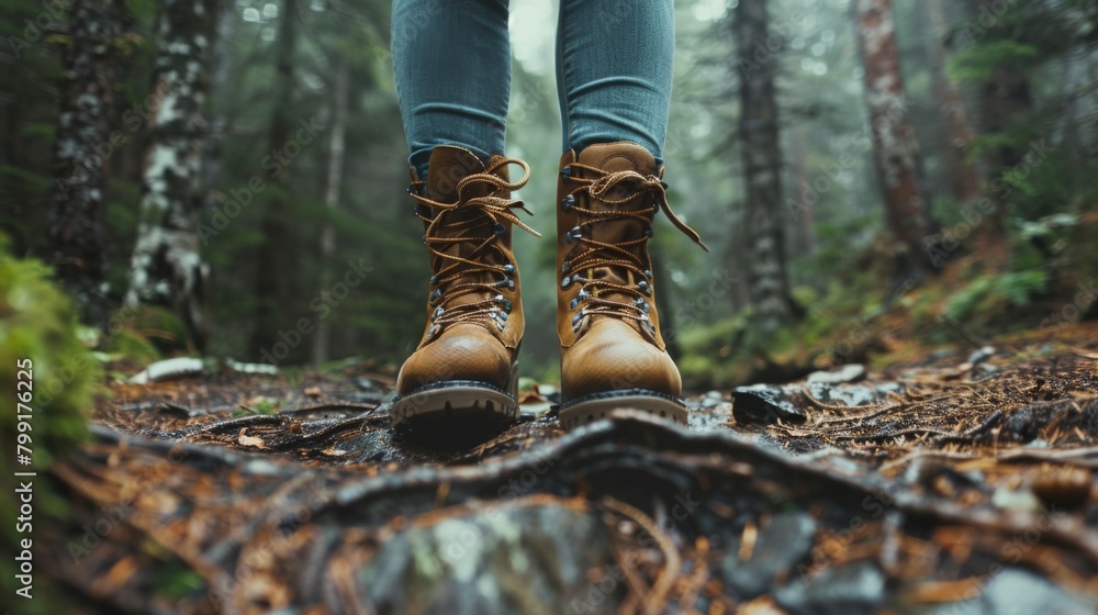 A Pair of Hiking Boots in Forest A Pair of Hiking Boots in Forest