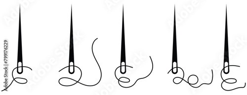 Set of needle with thread vector icons. Black silhouette with sewing needle. Vector illustration . Eps 10 photo