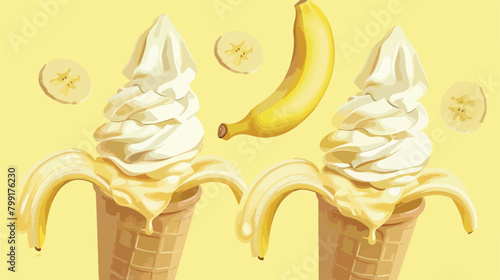 Tasty banana ice-cream on color background Vector illustration