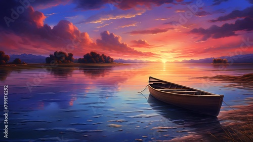 The peaceful ambiance of twilight envelops the scene, with the solitary boat resting quietly by the shore as the sky transforms into a canvas of vibrant hues