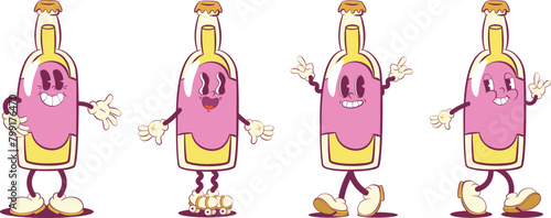 Bottle retro groovy mascot characters