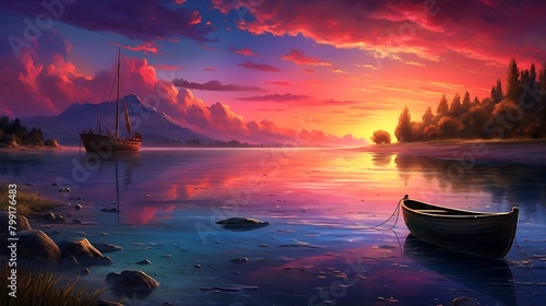 The peaceful ambiance of twilight envelops the scene, with the solitary boat resting quietly by the shore as the sky transforms into a canvas of vibrant hues photo