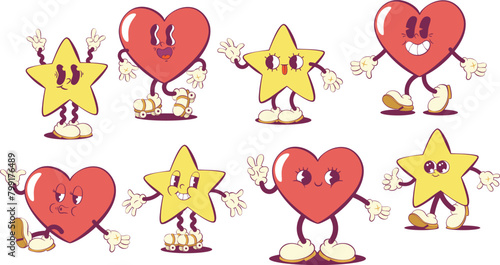 Heart and stra retro groovy mascot characters