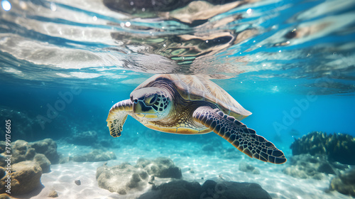 sea turtle swimming near the sea surface