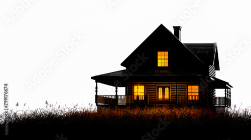 House silhouette on hill at night isolated on white