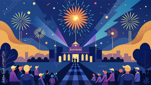 The parade ends with a grand finale as a dazzling display of fireworks lights up the sky bringing an end to a wonderful day of celebration.. Vector illustration