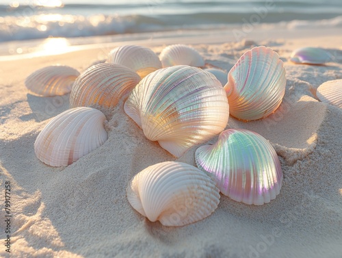 A pile of shells on a beach with a bright blue sky in the background. The shells are of different sizes and colors, creating a vibrant and lively scene. The beach setting evokes a sense of relaxation