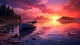 The peaceful solitude of twilight envelops the scene, with the solitary boat resting serenely by the shore against the backdrop of a breathtaking sunset