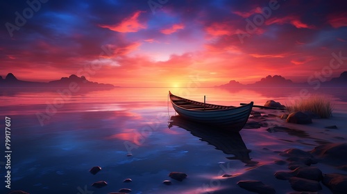 The peaceful solitude of dusk envelops the scene, with the solitary boat gently swaying by the shore as the sun sets in a blaze of colors © pipo