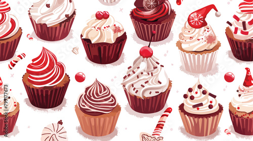 Tasty Christmas cupcakes on white background Vector 