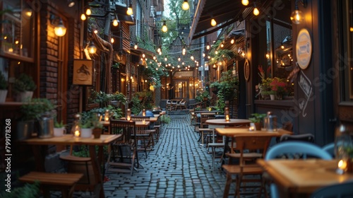 Cozy Evening Cafe Terrace Lit by Solar-Powered Lamps - Sustainable Urban Lifestyle Concept photo