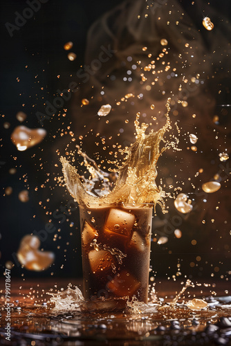 Professional Photography of Summer Drinks: iced coffee with splashes and bursts. Professional lighting, realistic splashes, coolness spirits, exhilarating and attractive.