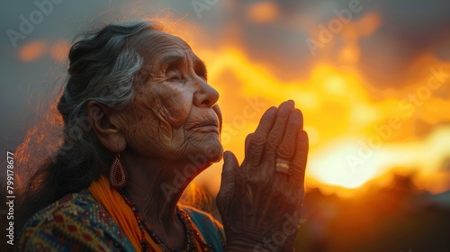 An elderly woman with closed eyes and hands clasped in prayer, silhouetted against a vibrant sunset sky.