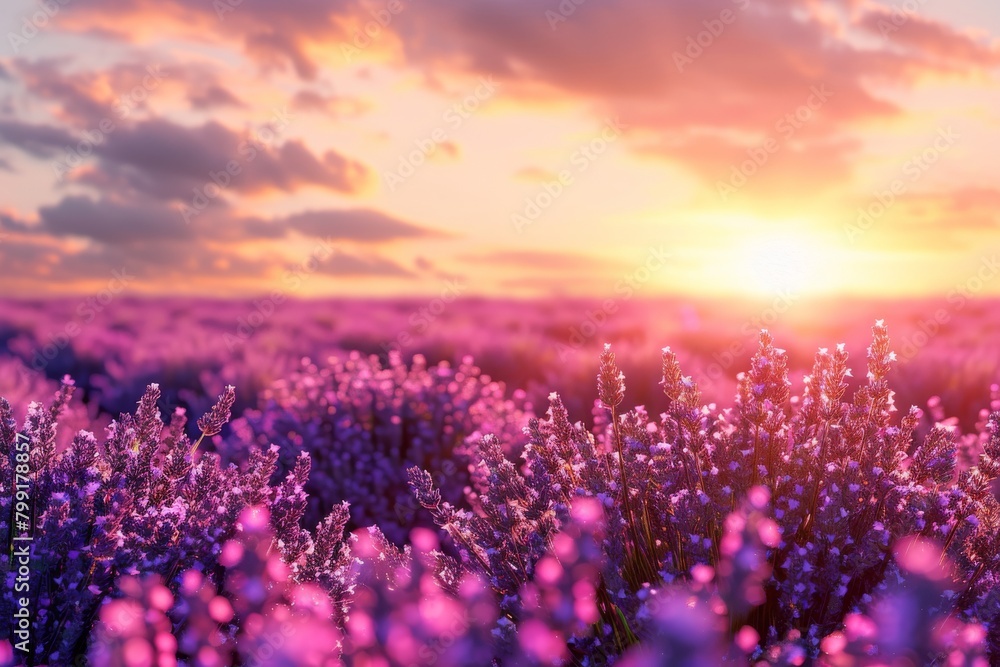 Fototapeta premium Lavender Field at Sunset, Purple Flowers Landscape, Morning Lavender Fields, Copy Space