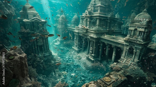 The image is an illustration of an ancient city that has been submerged underwater. The city is in ruins, with broken buildings and columns.