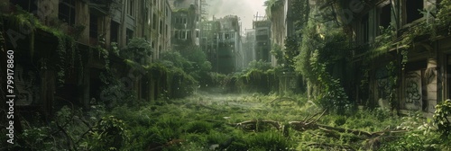 Abandoned Post-Apocalyptic City, Overgrown Ruins, Zombie Apocalypse Ruins, Green Future Dystopia