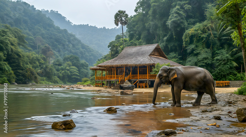 Elephants on the bank of the Mekong River in Laos