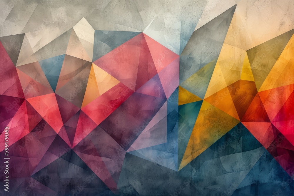 Multicolored abstract geometric shapes overlapping on a textured background, creating a modern and artistic design.