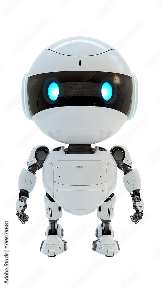 A white robot with blue eyes standing in front of a transparent background. Cutout A white robot with blue eyes standing in front of a transparent background. Cutout
