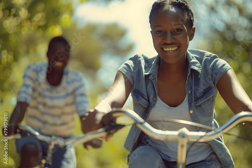 young african couple ride bicycle in a park