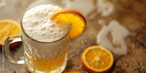 Refreshing Summer Cocktails with beer mug with perfect foam head & orange slice on wooden table 