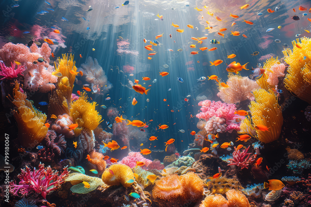 A vibrant coral reef teeming with colorful marine life, sunbeams filtering through the water. Created with Ai