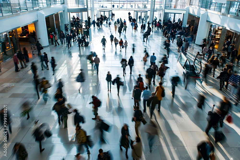 People walking at a station captured from above with motion blur