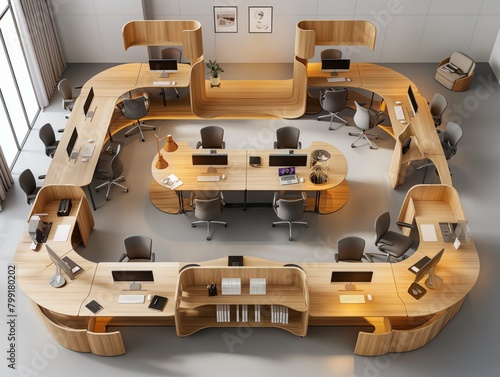 A large office space with a lot of desks and chairs. The desks are arranged in a circle and there are many monitors and keyboards. The chairs are mostly wooden