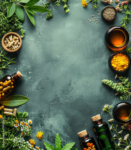 Assortment of herbal supplements and natural medicine bottles with fresh plants on a dark, textured background, seen from above.