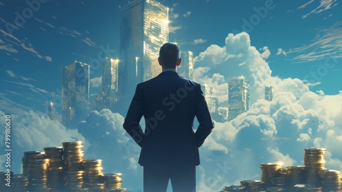 Challenging Wealth Preservation in Inflationary Times  Businessman Amidst Towering Skyscrapers and Currency Piles   A financial businessman in formal attire  holding a gray briefcase  stands  