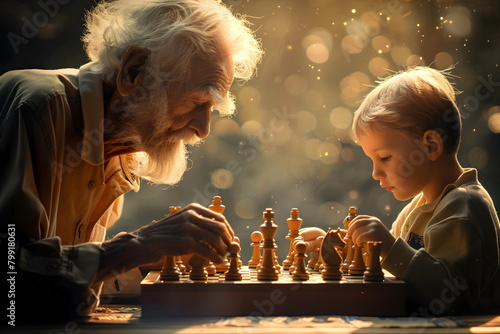 Portrait of a grandfather and grandson playing chess outdoors