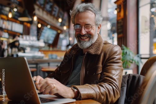 Smiling middle aged man sitting in a coffee shop and checking his bank account on mobile and laptop. Handsome businessman using the laptop for e-banking at, Generative AI