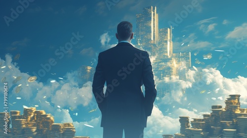 Challenging Wealth Preservation in Inflationary Times: Businessman Amidst Towering Skyscrapers and Currency Piles，A financial businessman in formal attire, holding a gray briefcase, stands 	 photo