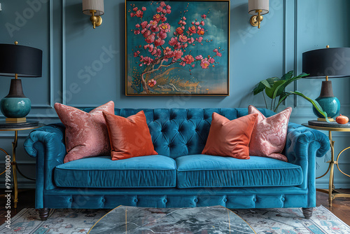 Photographer Chen Man's fashionable photography style features a dark blue velvet fabric sofa with buttons on the front armrests and coral pink cushions. Created with Ai photo