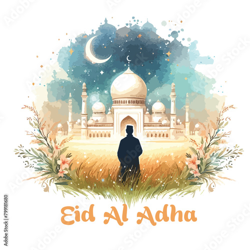 Watercolor Islamic festival poster design Eid al Adha text white background