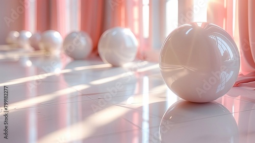 White spheres on white floor , abstract 3d rendering © Nataliia