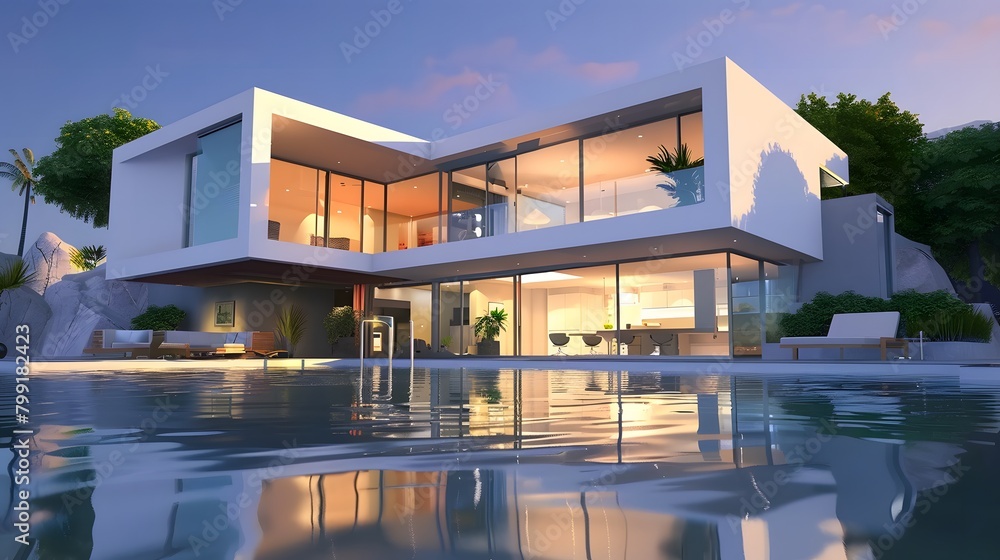 Fototapeta premium A stunning modern house with glass windows, sleek architecture, and an elegant pool
