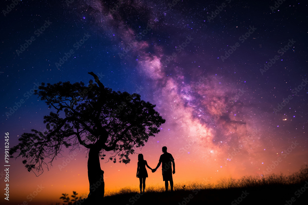 Dia dos Namorados. A couple holds hands under a starry sky, surrounded by natural landscape. Generative AI