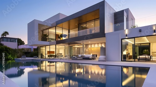 A stunning modern house with glass windows, sleek architecture, and an elegant pool