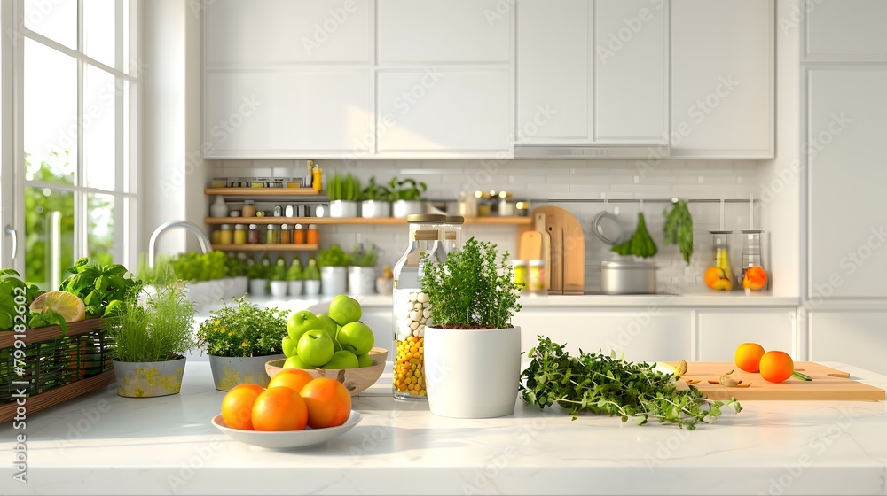 White kitchen with potted herbs fresh fruits on the counter, and natural light from the window. White kitchen with potted herbs fresh fruits on the counter, and natural light from the window.