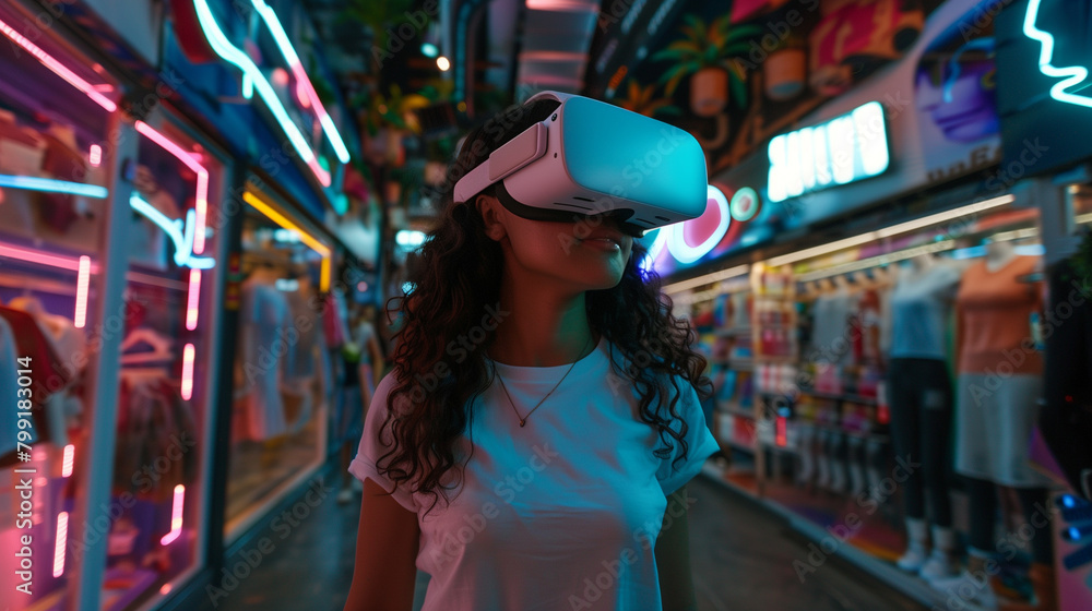 Woman in vr headset fully engaged in a colorful neon shopping stores environment