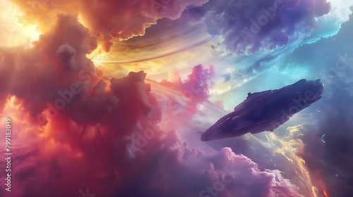 An ethereal, transparent spacecraft drifting through the colorful clouds of a gas giant photo