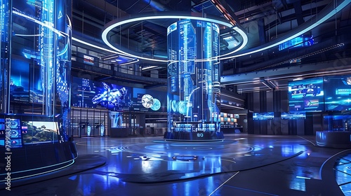 An immersive gaming arena with transparent screens covering every surface  offering AI-enhanced competitive gaming experiences