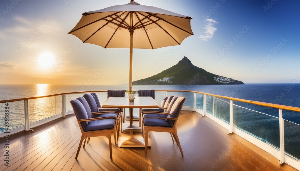 out door chairs with table and umbrella on luxury cruise ship sailing across the ocean horizon to a distant silhouetted mountain