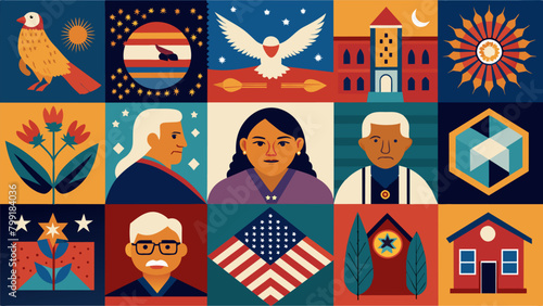 Quilts adorned with symbols and images of freedom telling stories of resistance and resilience passed down through generations.. Vector illustration