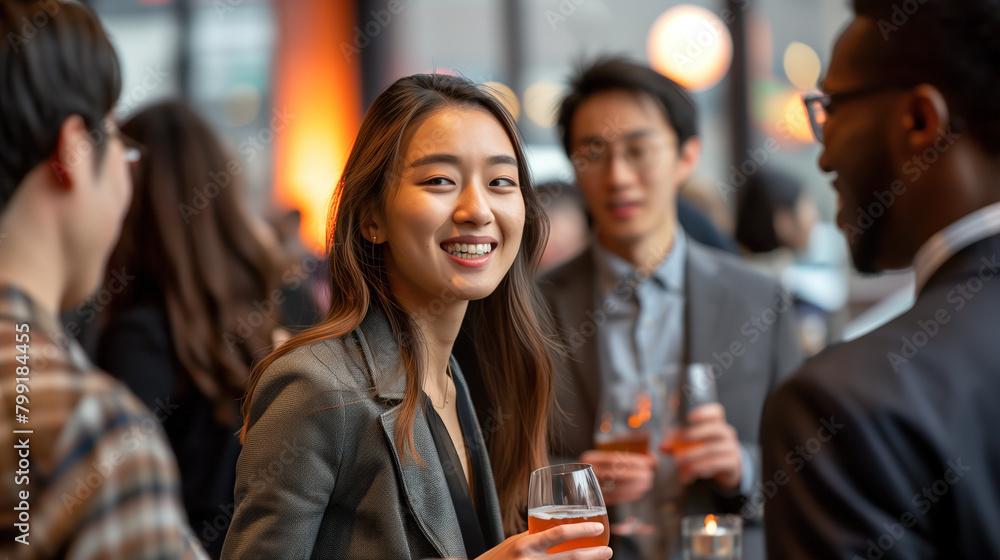 Young Business Professional Engaging in Networking at an Evening Event Young Business Professional Engaging in Networking at an Evening Event
