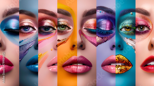 Makeup collage. Beauty makeup artist ideas. Colorfull eye makeup, generative ai photo