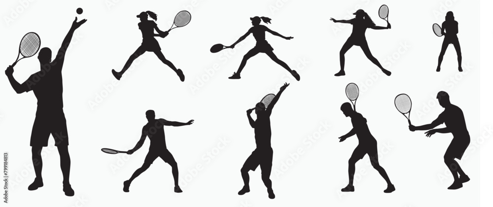 Set of men and women tennis players silhouette on white background. Vector illustration Set of men and women tennis players silhouette on white background. Vector illustration
